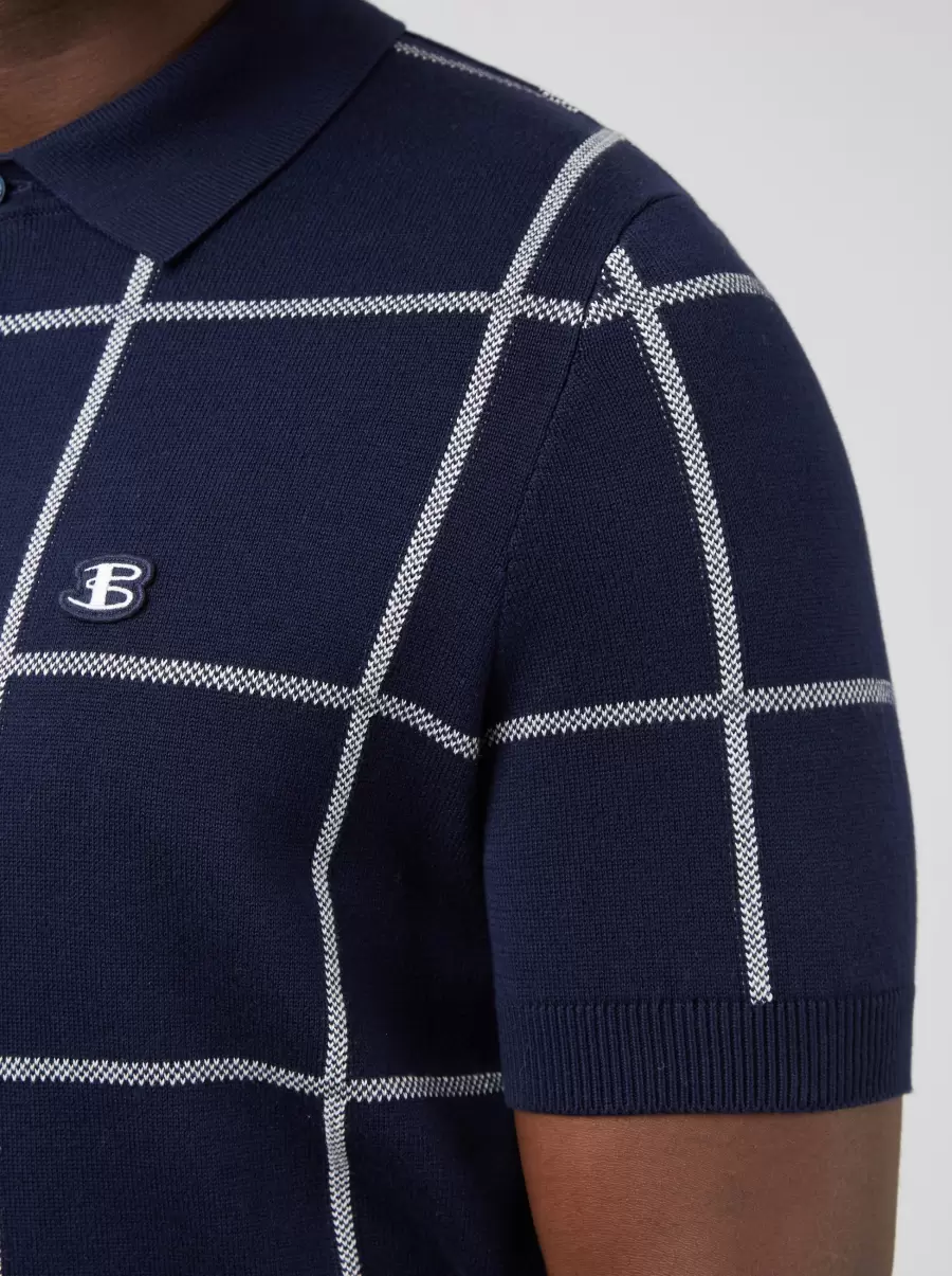 B By Ben Sherman Jacquard Check Knit Polo - Marine Marine|Claret Cutting-Edge Mod Knit Polos Men - 5