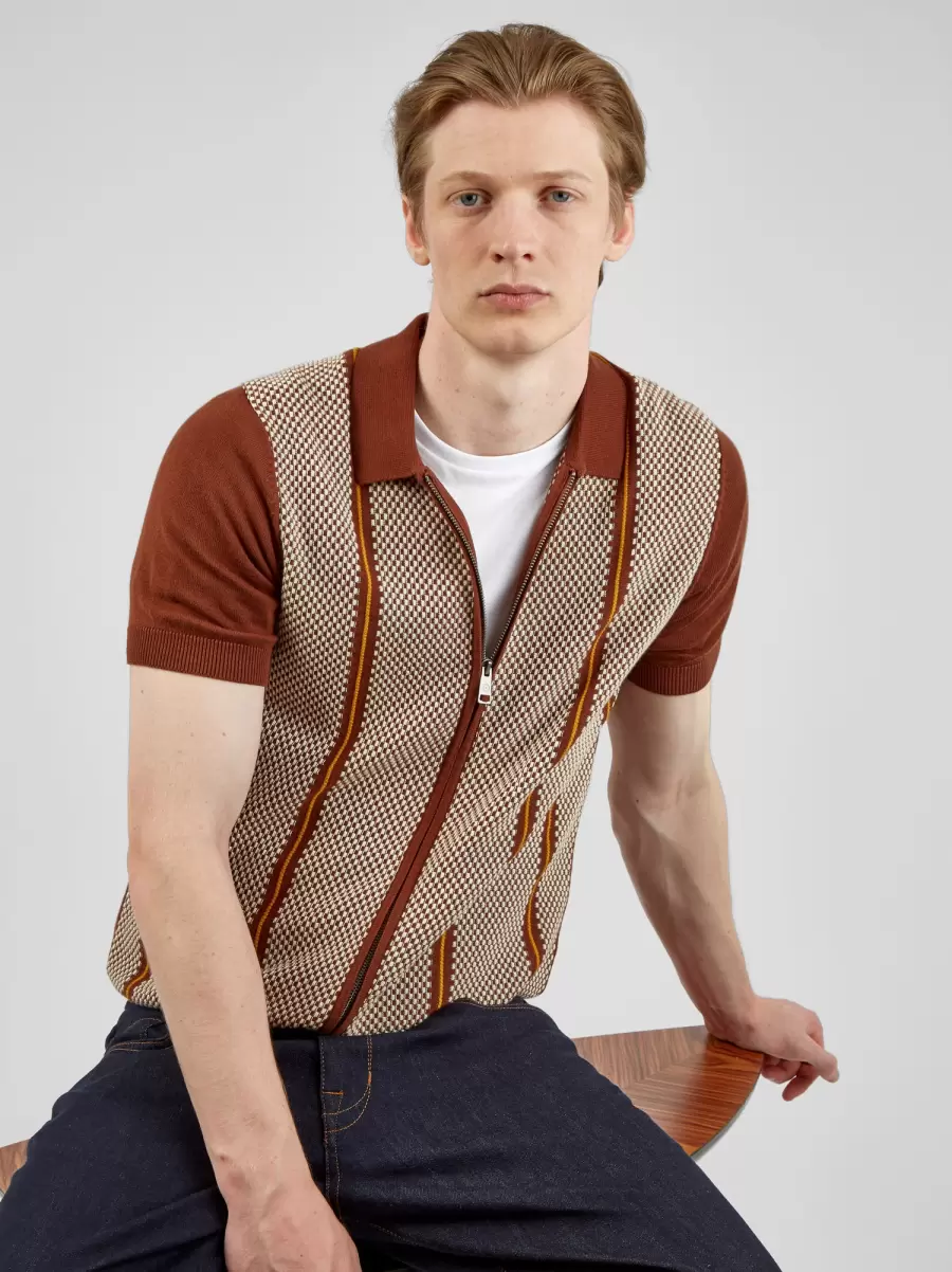 Coffee Men Short-Sleeve Jacquard Zip-Through Knit Polo - Coffee Ben Sherman Mod Knit Polos Refashion - 4