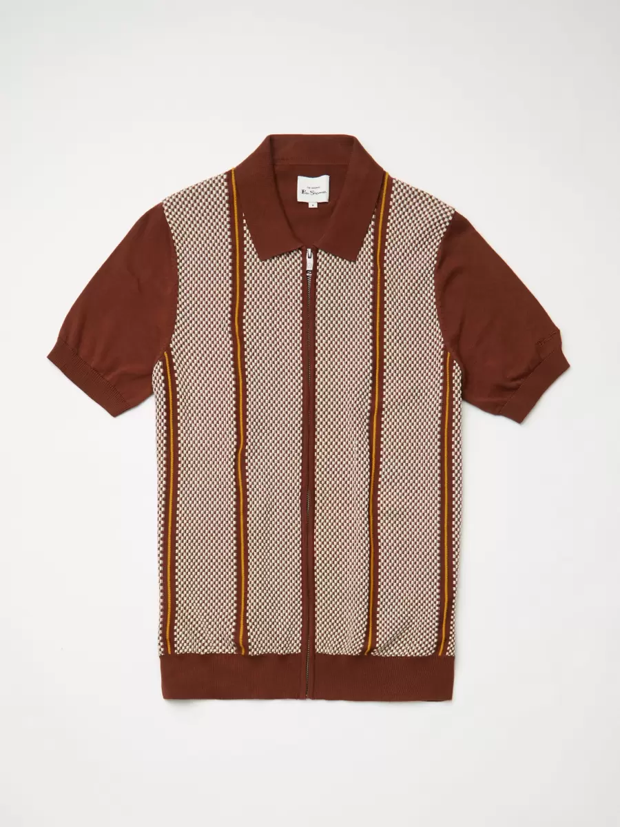 Coffee Men Short-Sleeve Jacquard Zip-Through Knit Polo - Coffee Ben Sherman Mod Knit Polos Refashion - 5