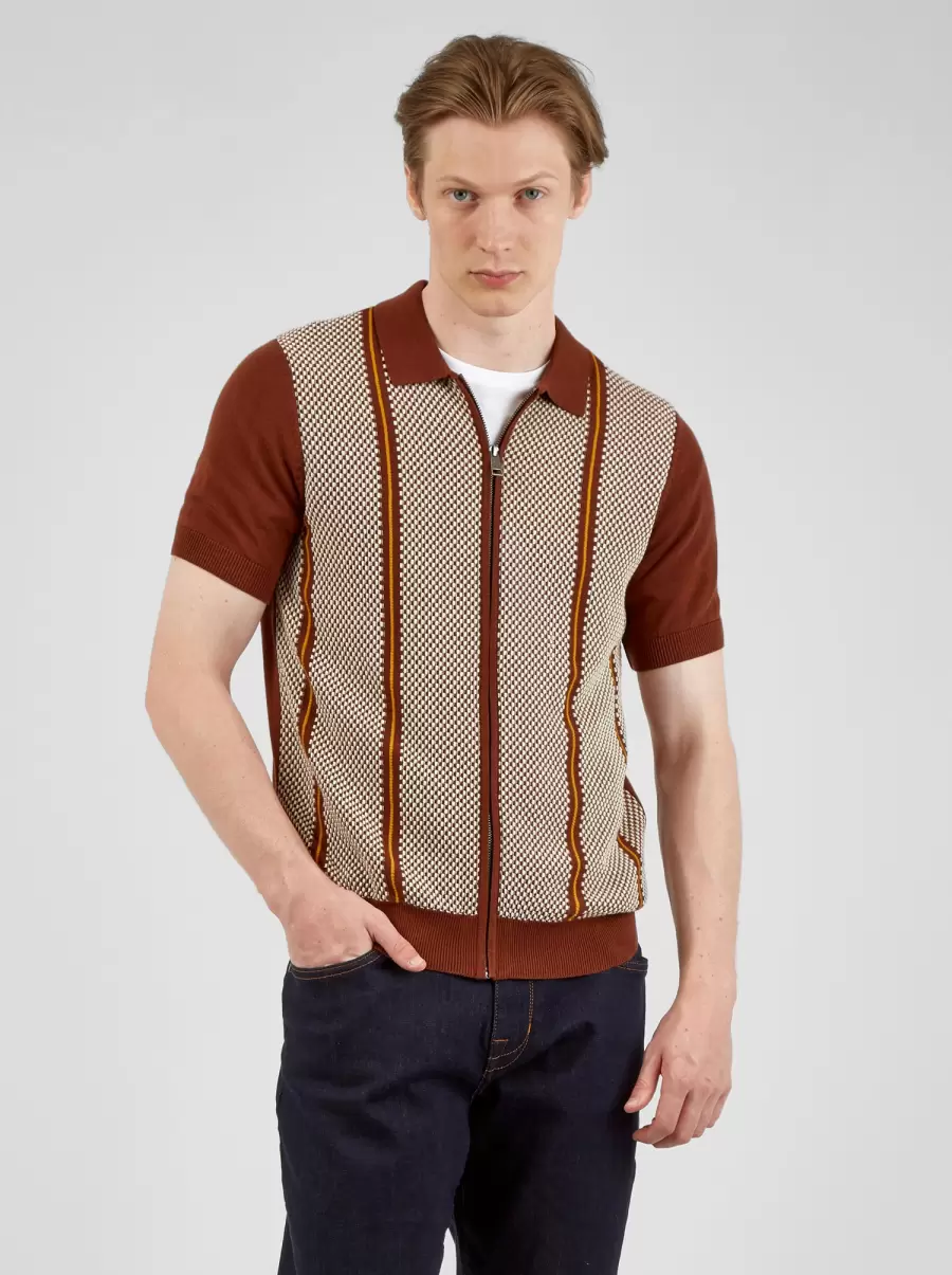 Coffee Men Short-Sleeve Jacquard Zip-Through Knit Polo - Coffee Ben Sherman Mod Knit Polos Refashion