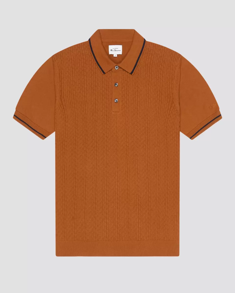 Short-Sleeve Textured-Front Knit Polo - Caramel Mod Knit Polos Ben Sherman Caramel Men Trendy - 1