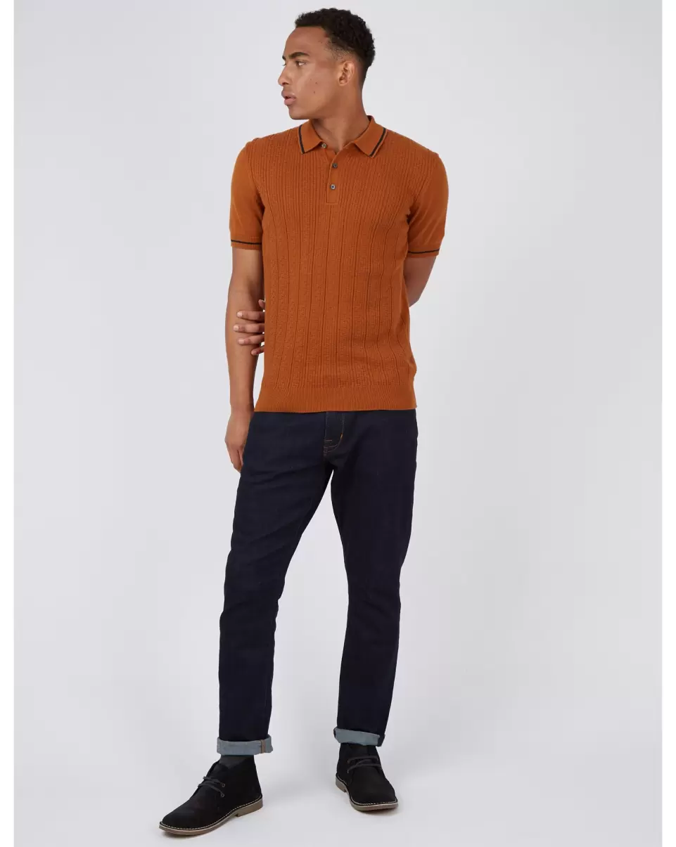 Short-Sleeve Textured-Front Knit Polo - Caramel Mod Knit Polos Ben Sherman Caramel Men Trendy - 3