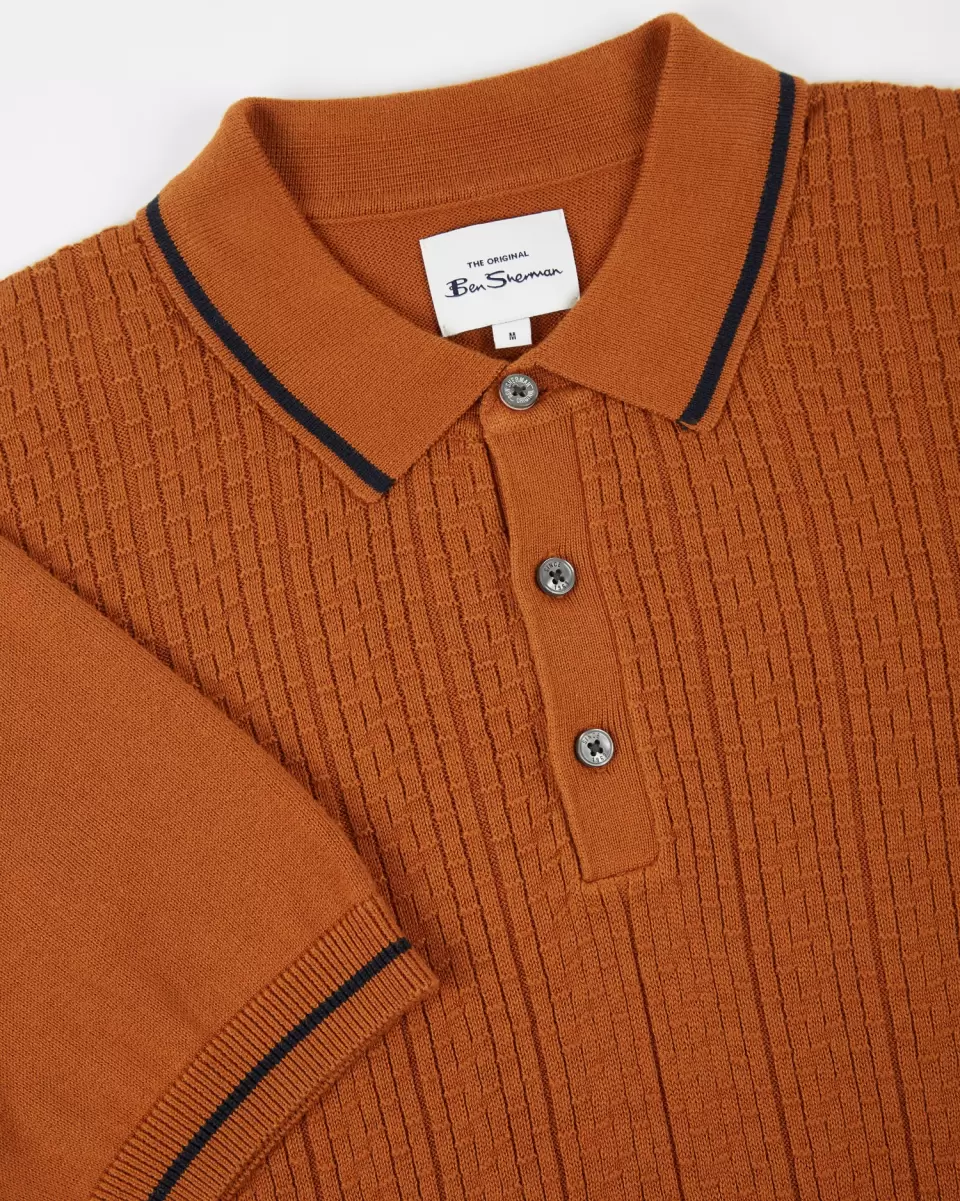 Short-Sleeve Textured-Front Knit Polo - Caramel Mod Knit Polos Ben Sherman Caramel Men Trendy - 4