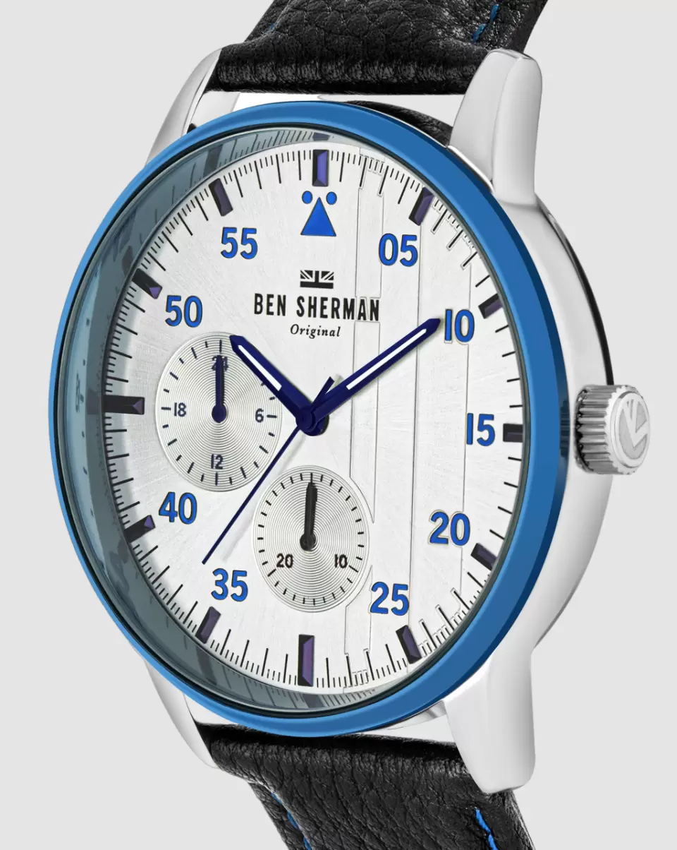 Hot Men Black/Silver/Silver Watches Signature Daltrey Leather Sport Watch 43Mm Ben Sherman - 1