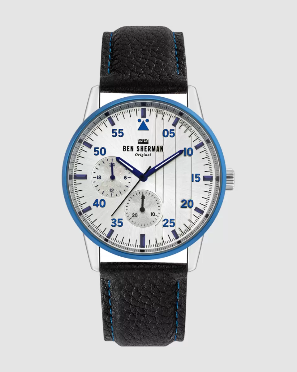 Hot Men Black/Silver/Silver Watches Signature Daltrey Leather Sport Watch 43Mm Ben Sherman