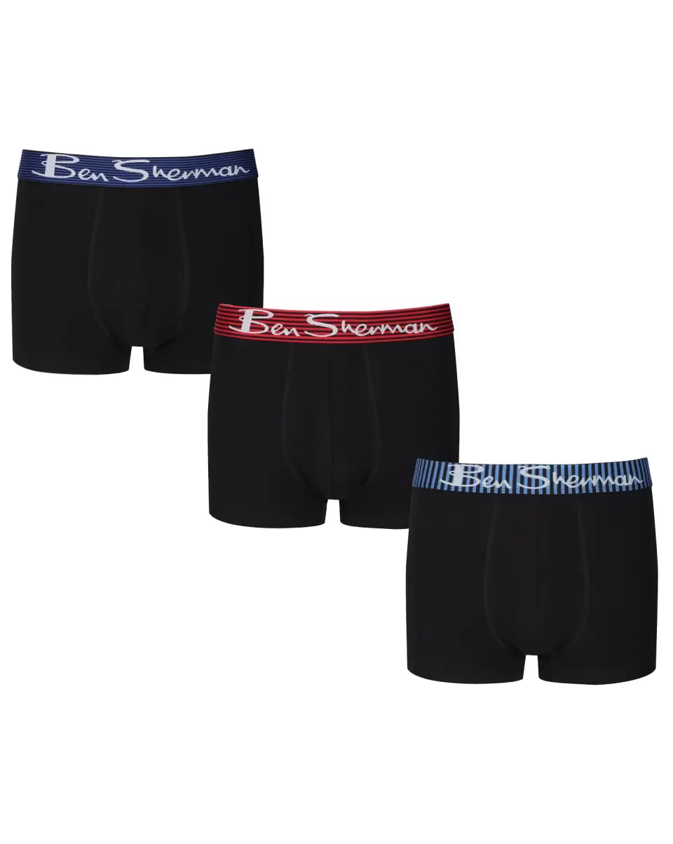 Men Ben Sherman Clark Men's 3-Pack Fitted No-Fly Boxer-Briefs - Black With Blue, Delft, Red Stripe Black/Blue/Delft/Red Stripe Versatile Underwear