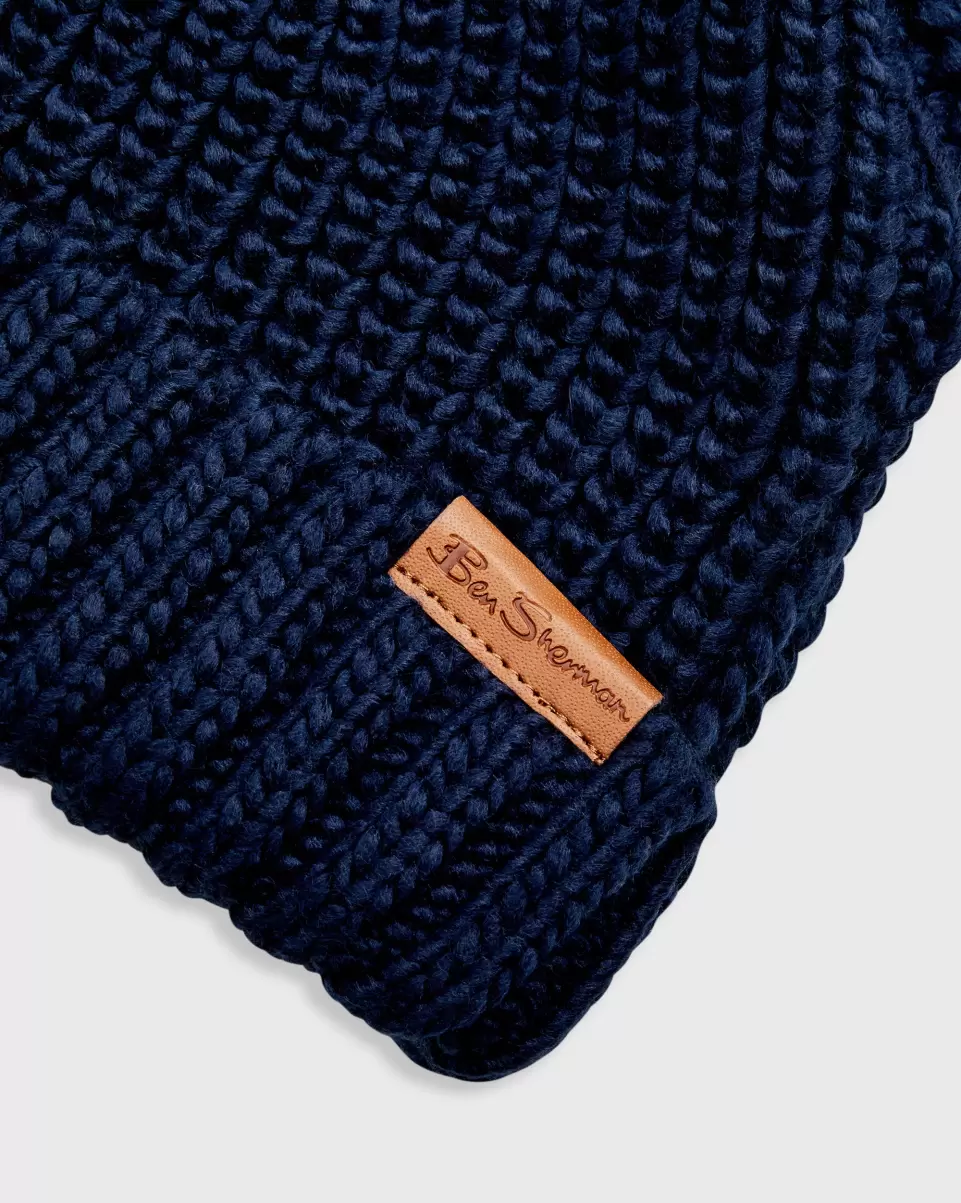 Men Navy Scarves & Cold Weather Men's Ribbed Knit Beanie - Navy Sale Ben Sherman - 1
