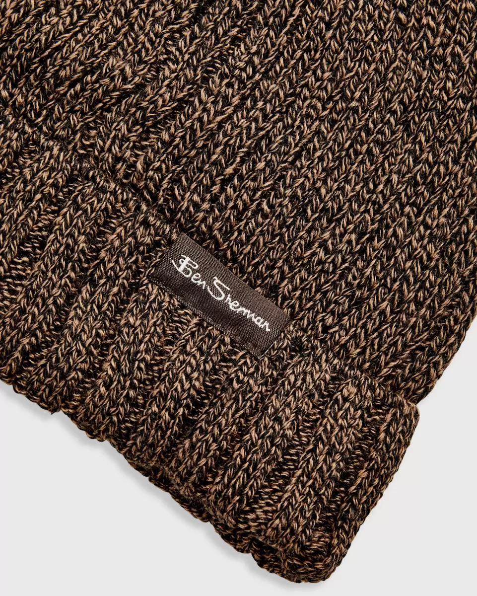 Men Custom Brown Men's Ribbed Knit Beanie - Brown Scarves & Cold Weather Ben Sherman - 1