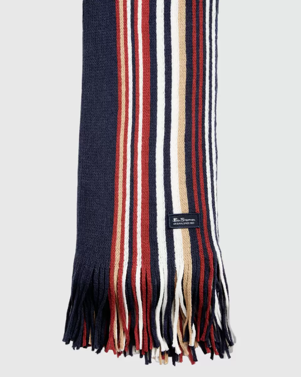 Navy Blazer/Cornstalk/Sun-Dried Tomato Ben Sherman Men Review Signature Rochelle Striped Knit Scarf Scarves & Cold Weather - 1
