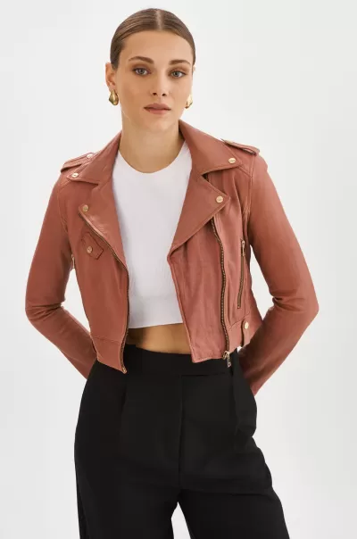 New Lamarque Women Ciara Gold | Leather  Crop Biker Jacket Leather Jackets Antique Pink