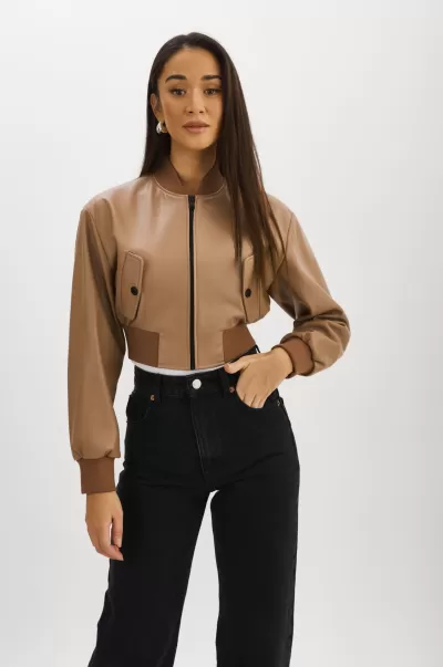 Mocha Lamarque Streamline Leather Jackets Women Evelin | Faux Leather Cropped Bomber