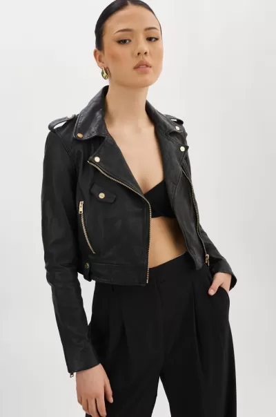 Ciara Gold | Leather  Crop Biker Jacket Women Leather Jackets Black Quality Lamarque