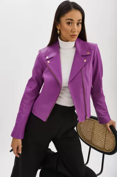 Violet Women Leather Jackets Lamarque Special Kelsey Gold | Leather Biker Jacket
