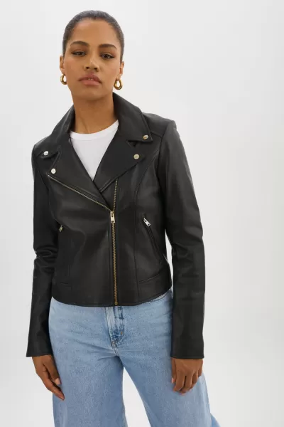 Kelsey Gold | Leather Biker Jacket Lamarque Black Stylish Leather Jackets Women