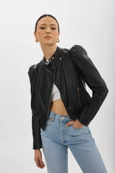 Fresh Leather Jackets Women Lamarque Kaia | Puff Sleeve Leather Jacket Black