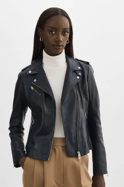 Durable Harper | Fitted Leather Biker Jacket Navy Women Lamarque Leather Jackets