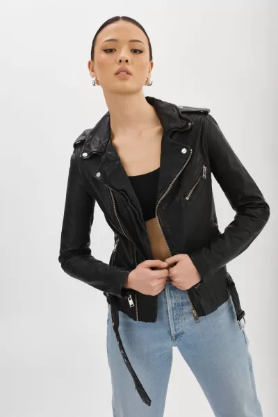 Black Kiyoshi | Washed Leather Belted Biker Jacket Women Tested Lamarque Leather Jackets