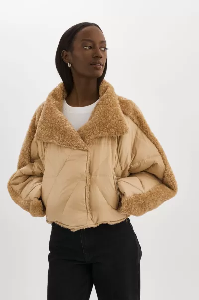 Sharon | Mixed Media Puffer Jacket Custom Lamarque Coats & Jackets Women Caramel