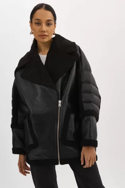 Lisa | Oversized Mixed Media Cocoon Jacket Coats & Jackets Black / Black Chic Lamarque Women