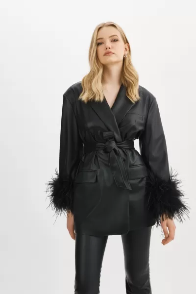 Women Lamarque Coats & Jackets Black Luxury Galia | Feather Trim Blazer