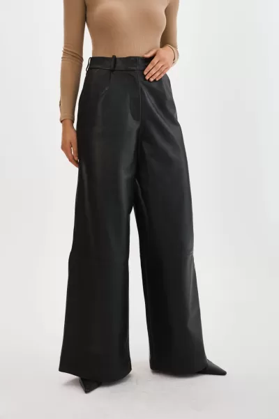 Women Easy Rossa | Wide Leg Leather Trousers Black Pants Lamarque
