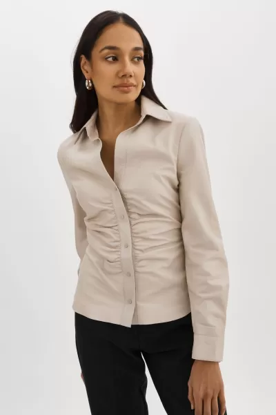 Tops Lamarque Knockdown Oat Huda | Ruched Leather Shirt Women
