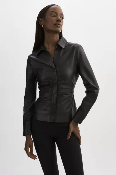 Lamarque Tops Black Innovative Women Huda | Ruched Leather Shirt