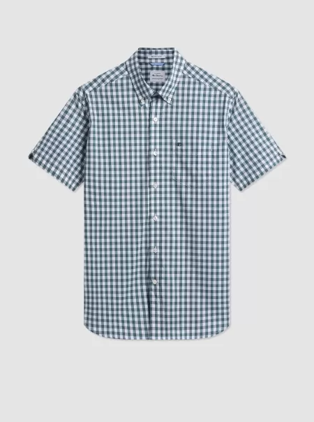 Olive Short Sleeve House Poplin Gingham Shirt - Olive Ben Sherman Price Meltdown Shirts Men