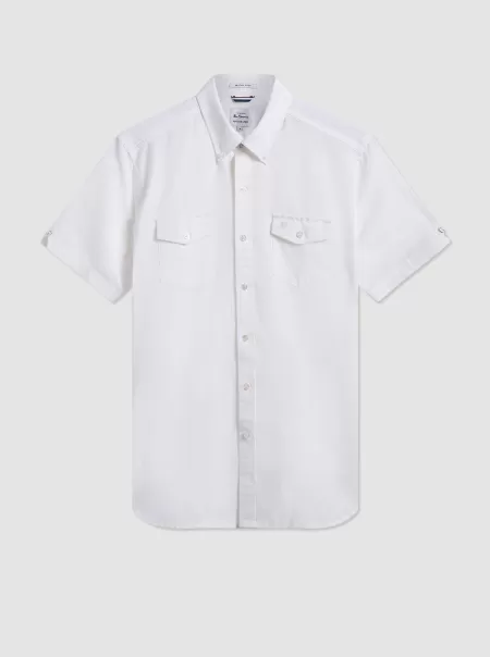 Ingenious Men Ben Sherman White Shirts Garment Dye Short-Sleeve Linen Shirt - White
