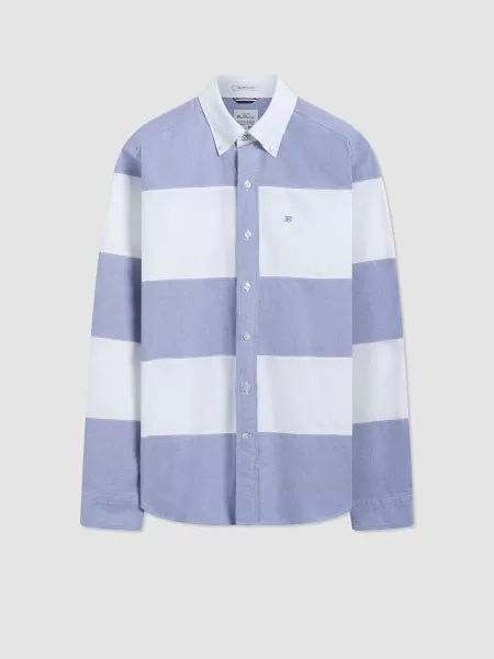 Men Ben Sherman Navy White Stripe Shirts Brighton Oxford Organic Garment Dye Rugby Shirt Inexpensive