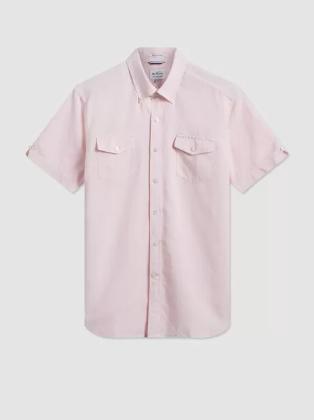 Elegant Light Pink Garment Dye Short-Sleeve Linen Shirt - Light Pink Shirts Men Ben Sherman
