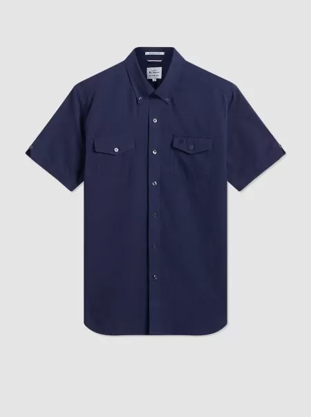 Garment Dye Short-Sleeve Linen Shirt - Navy Shirts Navy Ben Sherman Men Time-Limited Discount