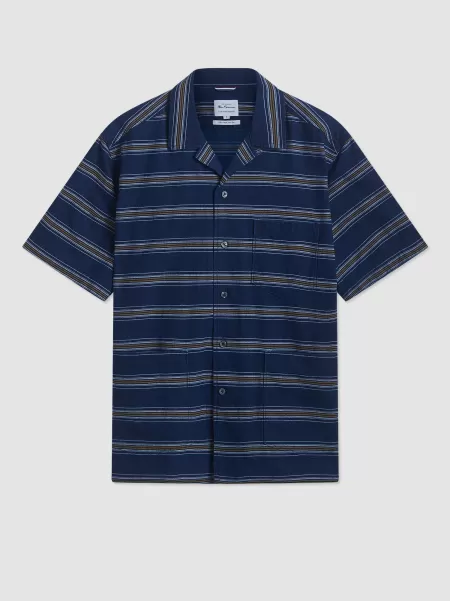 Ben Sherman Men Robust Shirts Indigo/Mustard Stripe Dalston Blues Short Sleeve Indigo Stripe Beach Shirt
