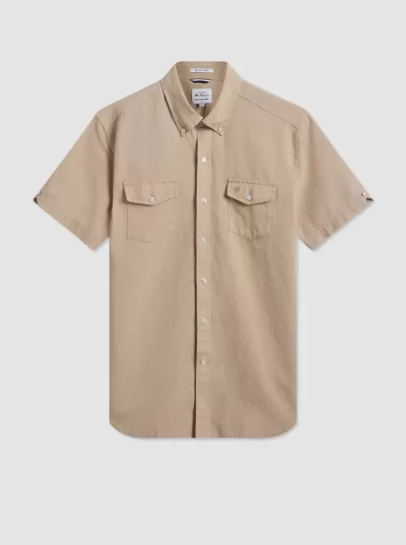 Ben Sherman Garment Dye Short-Sleeve Linen Shirt - Sand Shirts Men Craft Sand