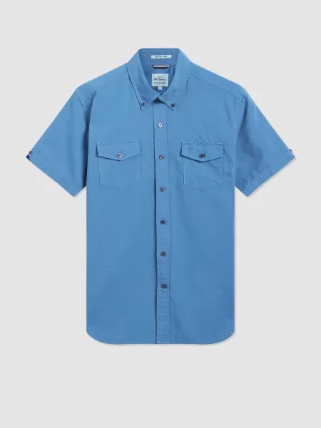Ben Sherman Parisian Blue Garment Dye Short-Sleeve Linen Shirt - Parisian Blue Sale Men Shirts