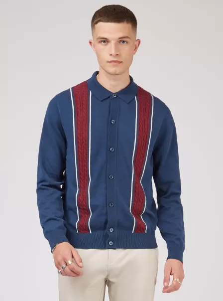Button-Through Contrast Stripe Long-Sleeve Knit Polo Dark Blue Safe Polos Ben Sherman Men