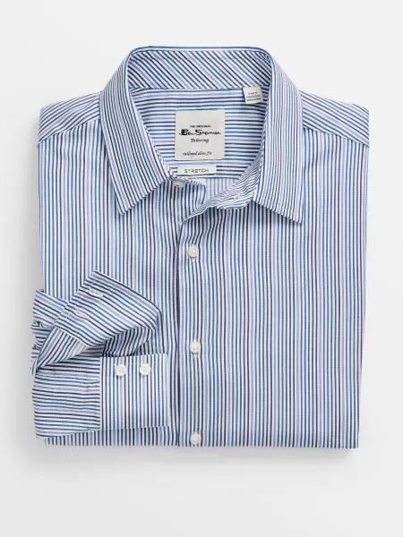 Sateen Stripe Slim Fit Dress Shirt - Teal/Blue Long Sleeve Shirts Luxurious Ben Sherman Teal/Blue Men