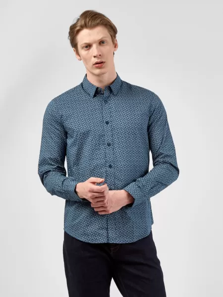 Men Long Sleeve Shirts Ben Sherman Dark Blue Professional Long-Sleeve Stipple-Print Shirt - Dark Blue