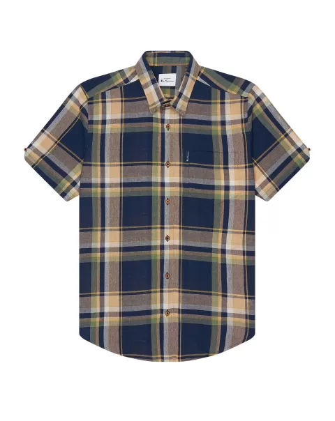Long Sleeve Shirts Men Ben Sherman Marine Versatile Short-Sleeve Large-Check Oxford Shirt - Marine