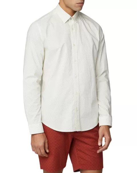 Ben Sherman Long-Sleeve Geo Print Shirt - Snow White Robust Men Snow White Long Sleeve Shirts