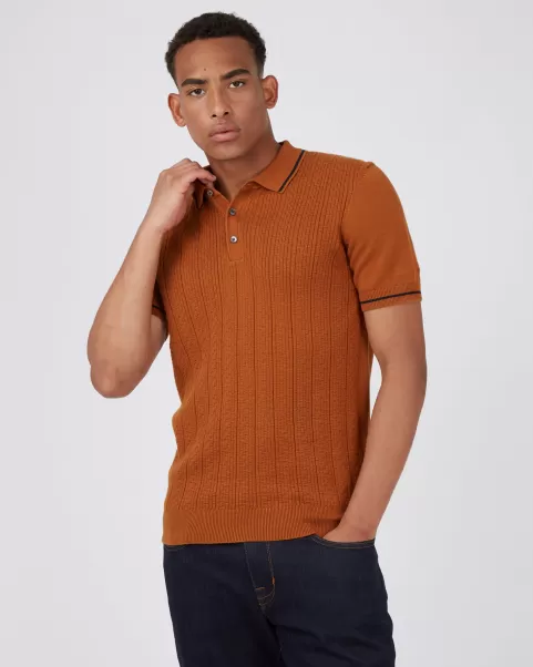 Short-Sleeve Textured-Front Knit Polo - Caramel Mod Knit Polos Ben Sherman Caramel Men Trendy