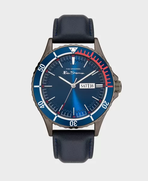 Ben Sherman Signature Leather Strap Watch 44Mm Vintage Watches Men Navy/Navy/Silver