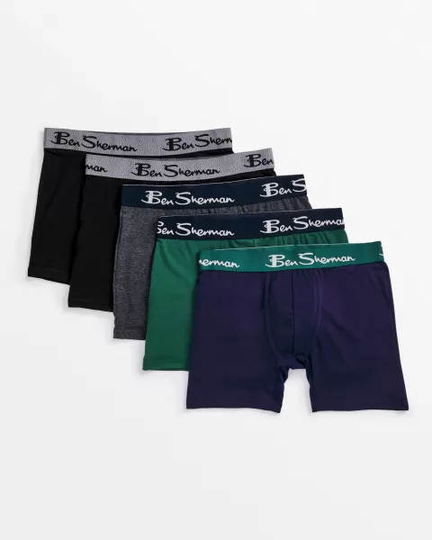 Men Ben Sherman Sleek Underwear Men's 5-Pack No-Fly Cotton Stretch Boxer Briefs - Green Multi Green Multi