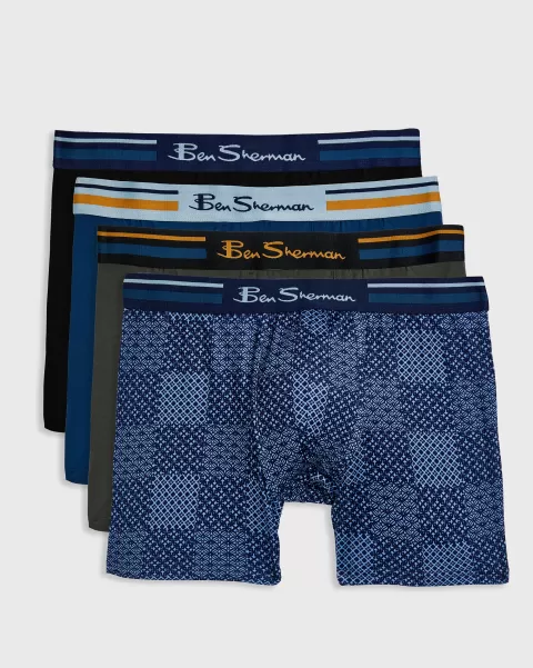 Men Economical Men's 4-Pack Microfiber Boxers - Check/Blue/Grey/Black Ben Sherman Underwear