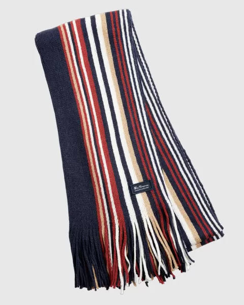 Navy Blazer/Cornstalk/Sun-Dried Tomato Ben Sherman Men Review Signature Rochelle Striped Knit Scarf Scarves & Cold Weather